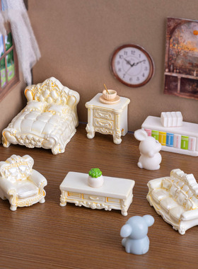 微景观简约巴洛克家具沙发床微缩模型娃娃屋 DIY装饰品迷你小摆件