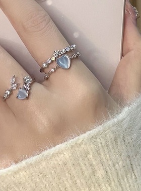 海蓝爱心月光石开口戒指女轻奢小众设计感食指戒气质可调节指环