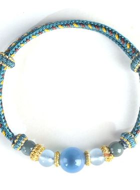 蓝色糖心玛瑙手绳古法手工编织潮汐蓝八股敦煌配色手链情侣款饰品