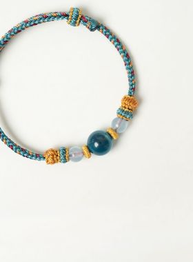 蓝色糖心玛瑙手绳古法手工编织潮汐蓝八股敦煌配色手链情侣款饰品