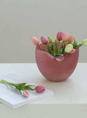 北欧创意手工粉色创意磁粉玻璃果盘居家样板房台面茶几花盆