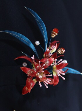 绒花仿真花纯手工婚嫁优雅气质红色兰花胸针（需要飘带备注即可）