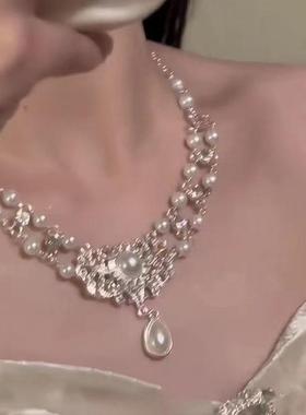 爆闪水钻锆石珍珠水滴项链锁骨链轻奢夸张小众富家千金配饰礼服