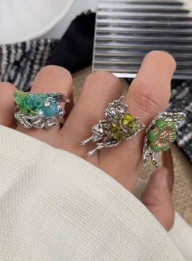 新中式古风纽扣贝壳手工串珠戒指女复古冷淡风弹力绳可调指环戒子