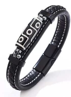 欧美复古手环民族风男手镯时尚男士手工编织天珠藏青皮革手链合金