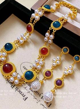 中古vintage项链几何人造珍珠双层锁骨链宫廷风时尚个性项饰