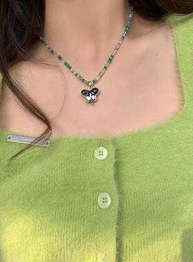马卡龙糖果色串珠锁骨链Y2K千禧风陶瓷蝴蝶项链童趣甜美卡通颈链