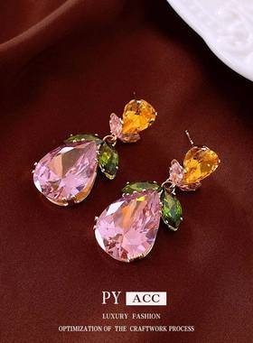 欧美锆石水滴树叶项链轻奢高级锁骨链小众时尚耳环套装饰品女