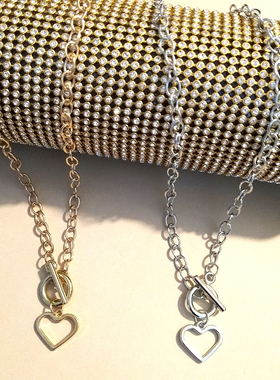 新款复古朋克欧美ins博主爱心吊坠 金属质感夸张粗链条嘻哈范项链