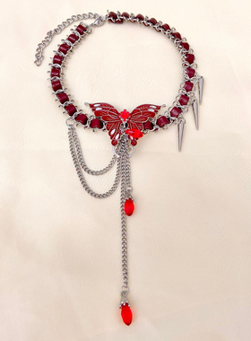 欧美跨境饰品红色蝴蝶水滴柳钉流苏吊坠锁骨链女小众甜酷朋克项饰