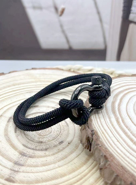 亚马逊米兰绳手工编织手环绳不锈钢马蹄扣手链男士黑色马蹄扣手链