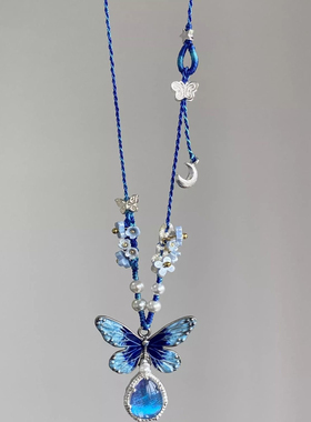 蓝色蝴蝶水晶吊坠项链复古长款特色饰品民族风长款女流苏编织欧美