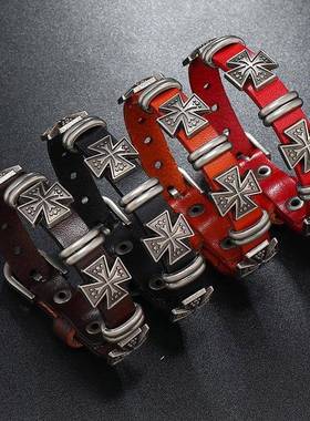 创意简约朋克风服装配饰个性欧美十字架牛皮手链时尚潮流百搭饰品