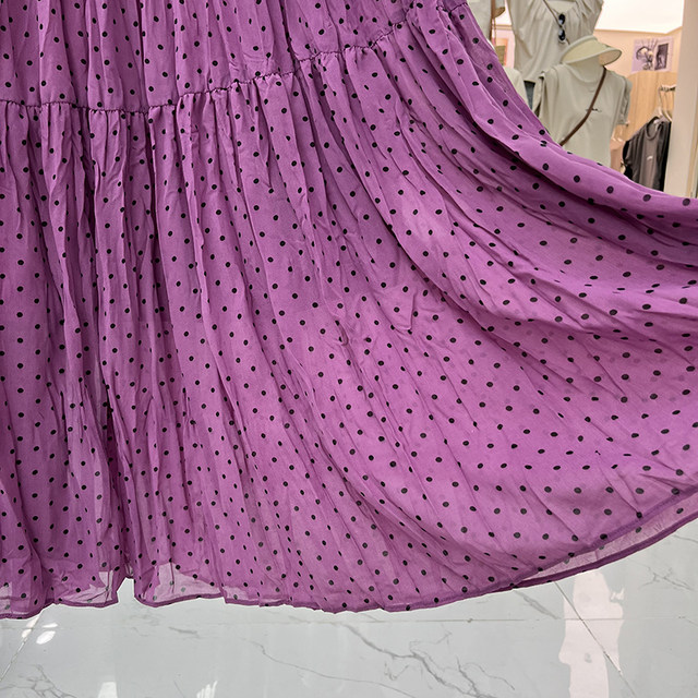 Retro polka dot chiffon pleated full skirt