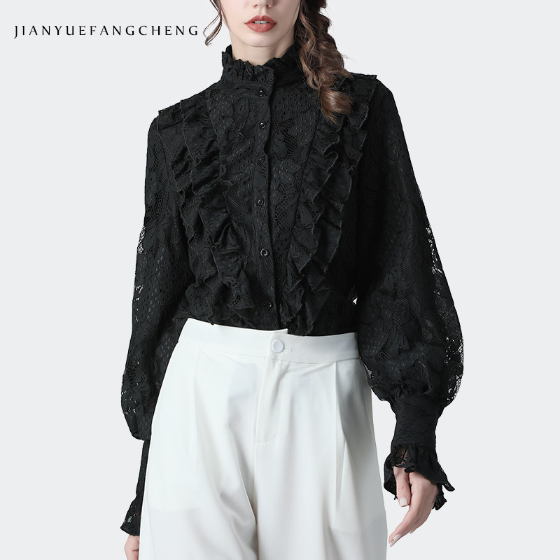 欧洲站木耳边加绒加厚雪纺衫衬衫 简约方程女装蕾丝衫/雪纺衫