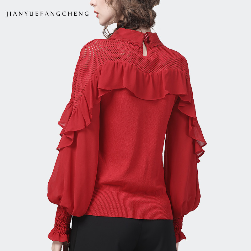 本命年2022春装红色女针织衫衬衫 简约方程女装蕾丝衫/雪纺衫
