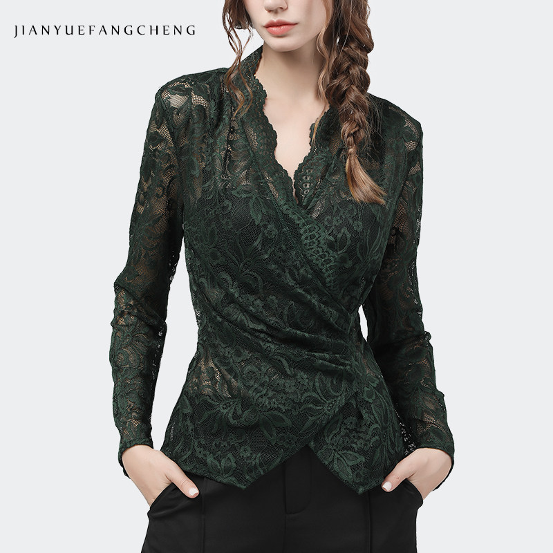 欧洲站收腰洋气设计感蕾丝衫女小衫 简约方程女装蕾丝衫/雪纺衫