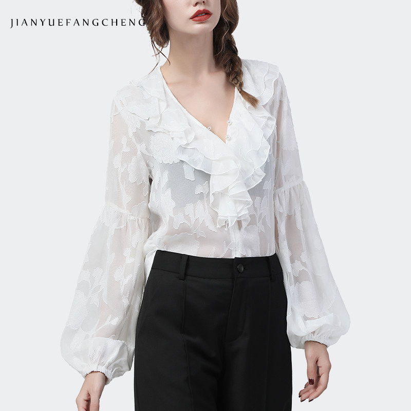 欧洲站长袖荷叶边雪纺衫v领秋衬衫 简约方程女装蕾丝衫/雪纺衫