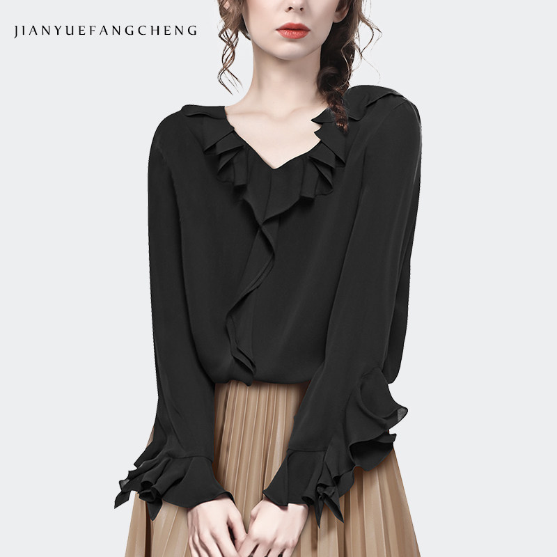 欧货2022春装宽松法式洋气长袖衬衫 简约方程女装蕾丝衫/雪纺衫