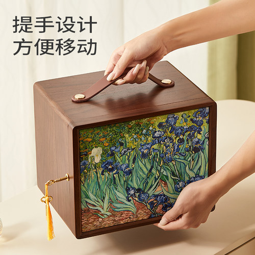 木质手提油画首饰盒精致带锁项链耳钉耳环大容量黄金手饰品收纳盒 - 图3