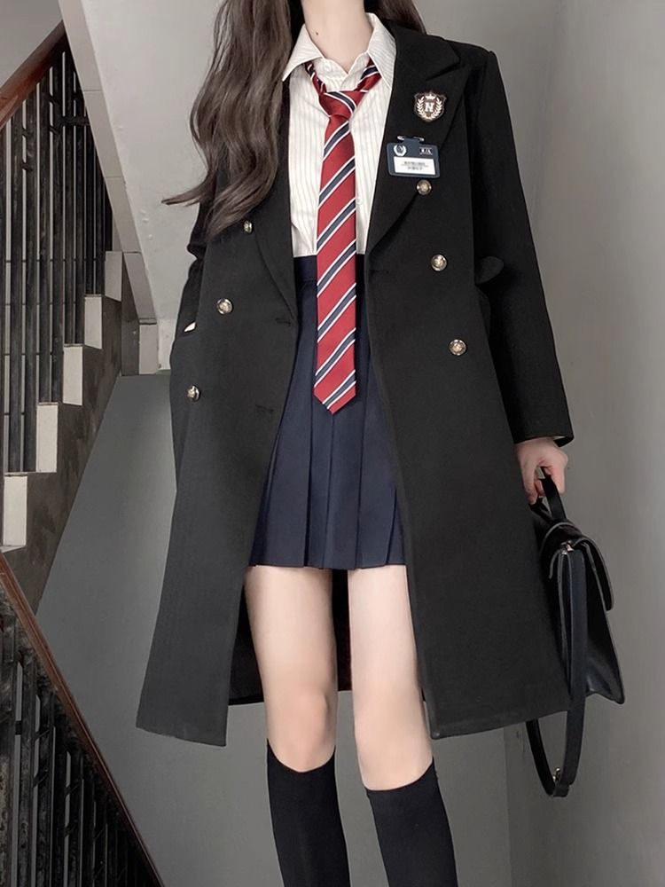 JK制服外套女秋冬季呢子保暖学院风日系原创小个子中长款毛呢大衣-图0