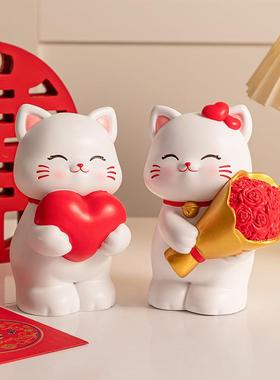 高档轻奢樱花猫情侣摆件喜庆结婚礼品家居摆件送闺蜜新婚礼物