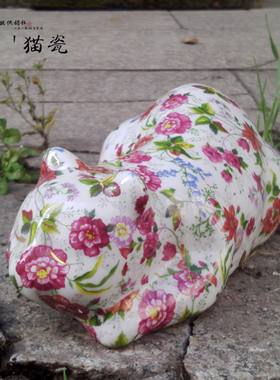 花`猫瓷兔首饰盒怀旧收藏