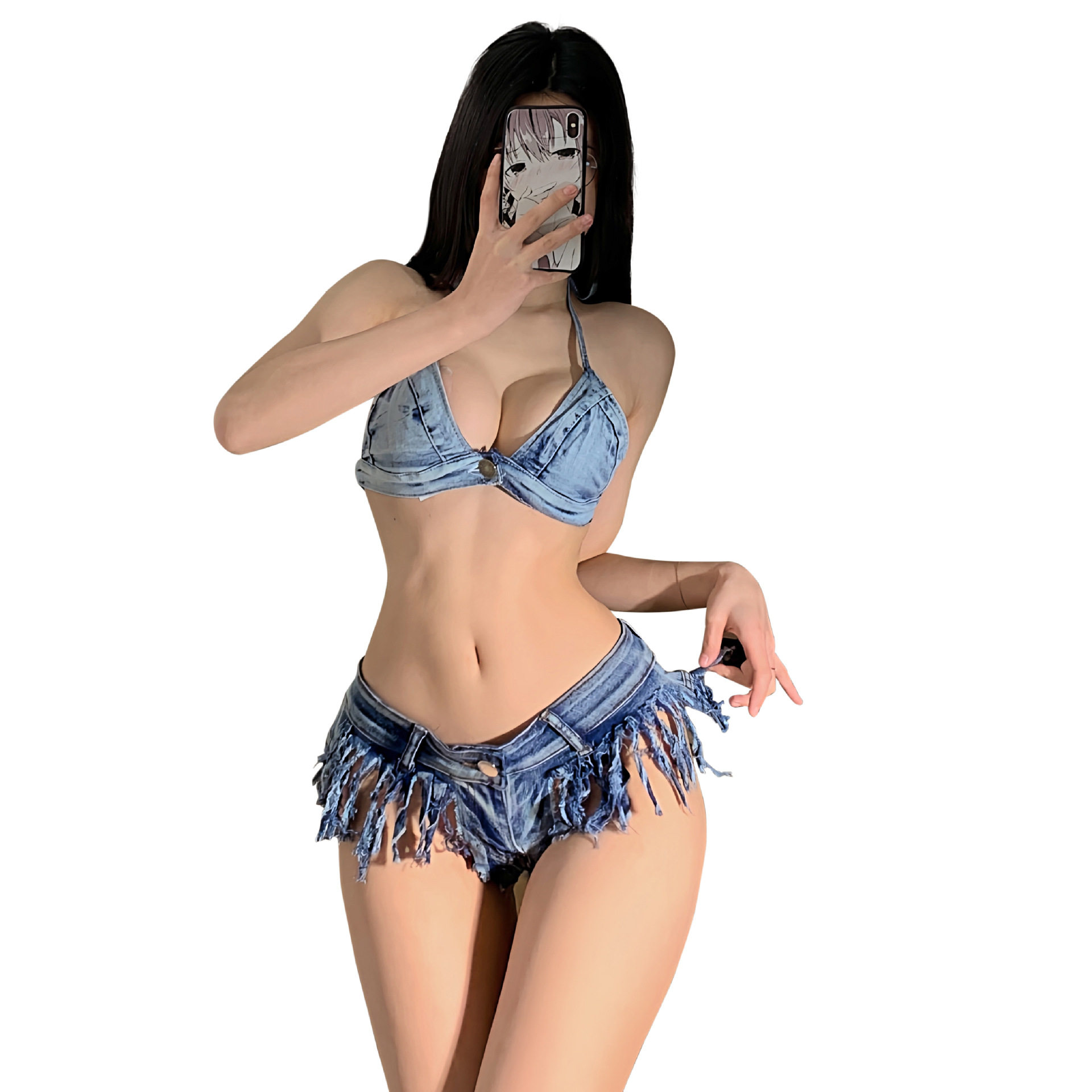 6111#新款夜店女王超辣妹内衣套装一分裤制服诱惑牛仔短裤女-图3