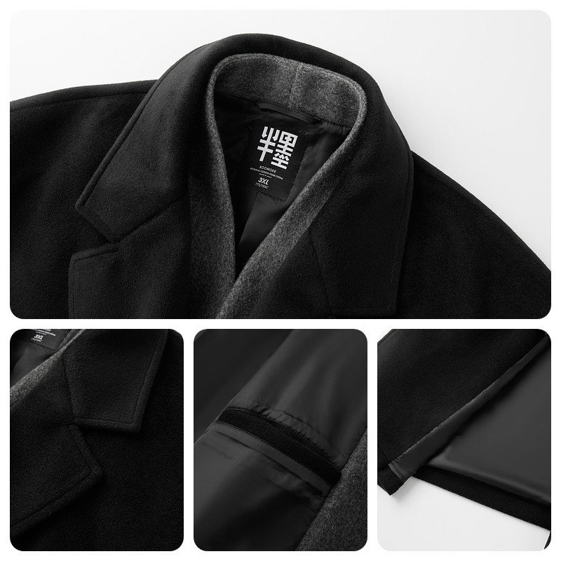 半墨假两件毛呢大衣冬季新款撞色拼接阔版中长款大衣外套大码男装,淘宝优惠券,粉丝福利购,淘宝优惠卷