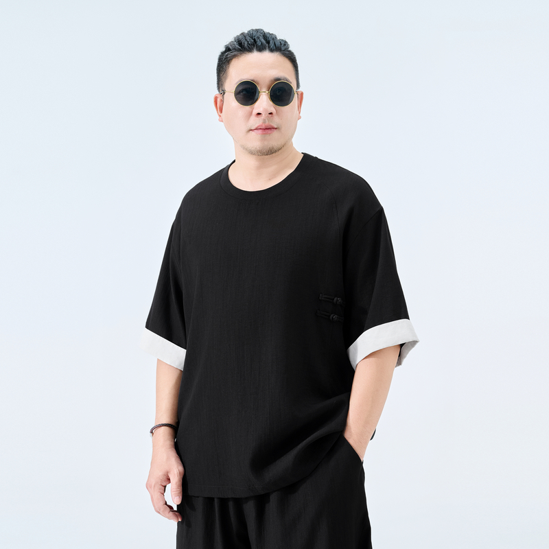 半墨新中式短袖t恤男宽松夏季新款胖子撞色五分袖加肥加大码男装
