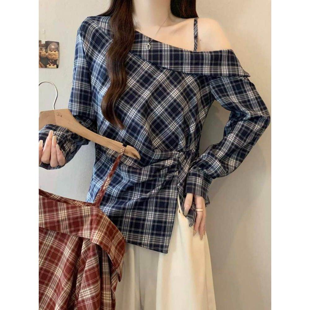 大码设计感红色格子露肩长袖衬衫女早秋薄款穿搭胖mm显瘦收腰上衣,淘宝优惠券,粉丝福利购,淘宝优惠卷
