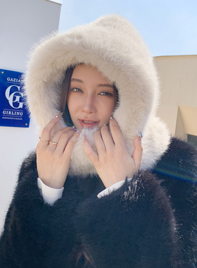 2024新款秋冬季仿狐狸毛皮草围脖帽子女防寒保暖一体围巾两件套潮