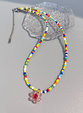 胡烨韬同款彩色串珠水晶花朵项链