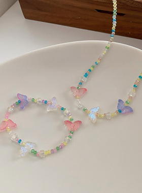 鞠婧祎彩色水晶蝴蝶串珠项链手链