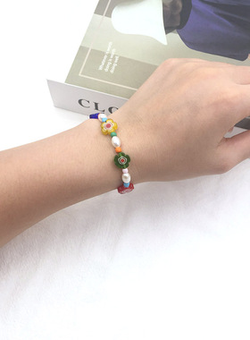 七彩pink琉璃花朵可爱风珍珠手链