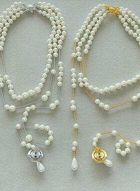 多层叠戴流苏土星破碎珍珠项链