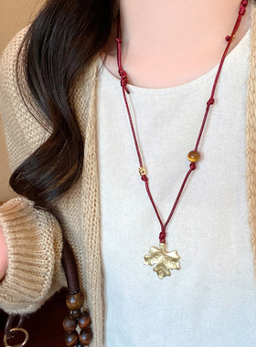 枫叶毛衣链女复古编织绳小众民族风长款项链秋冬百搭大衣配饰