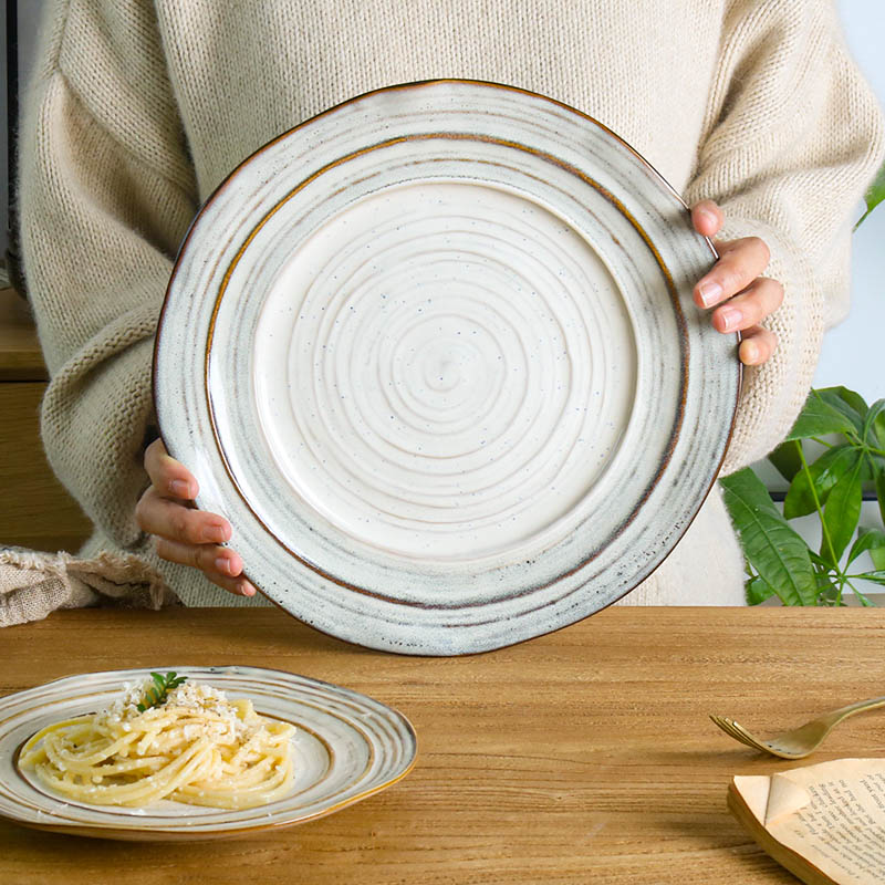高颜值复古侘寂风格雷陶瓷餐盘意面深盘粗陶菜盘家用饭碗日式餐具