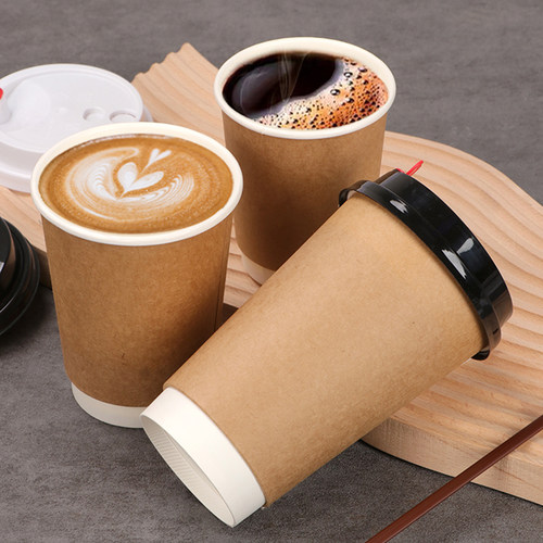 加厚咖啡纸杯带盖一次性热饮杯瓦楞杯双层牛皮纸杯中空杯商用定制 - 图0