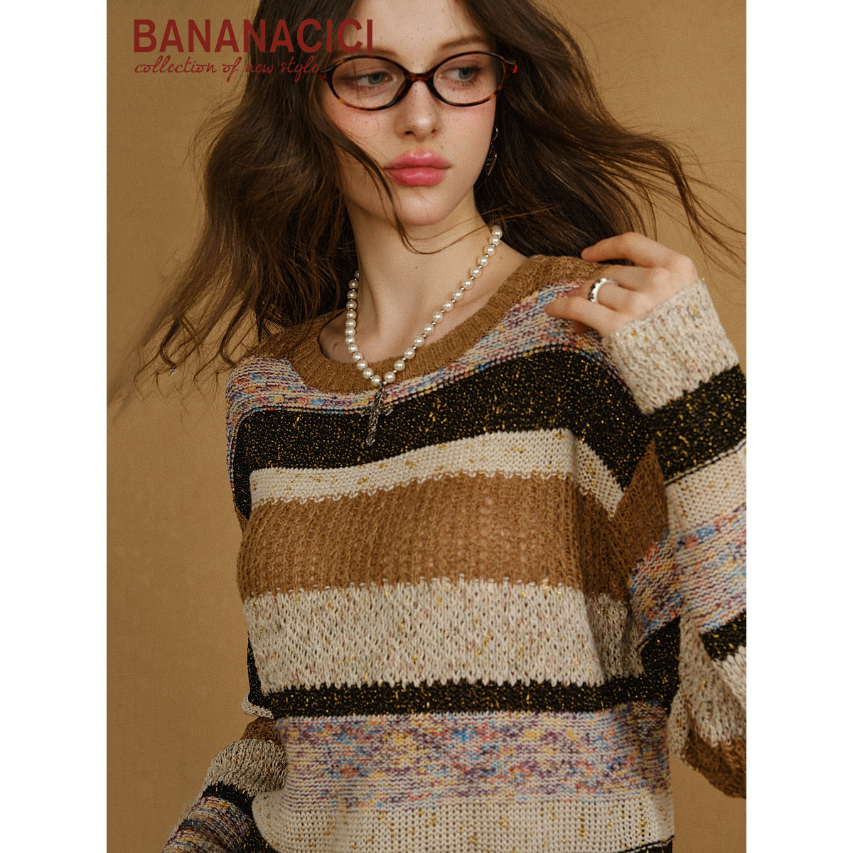 BANANA CICI2025年秋季新款特种纱设计感慵懒圆领条纹长袖针织衫,淘宝优惠券,粉丝福利购,淘宝优惠卷