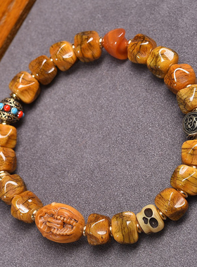 藏传回流牦牛骨雕刻百香料手串单圈藏式文玩佛珠松狮桶珠雪巴配饰