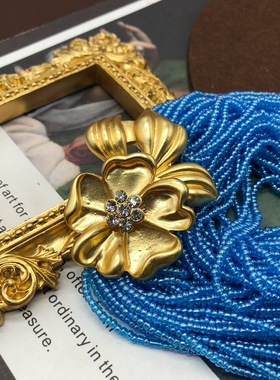 西洋蓝色小米珠颈链镶钻花朵多层