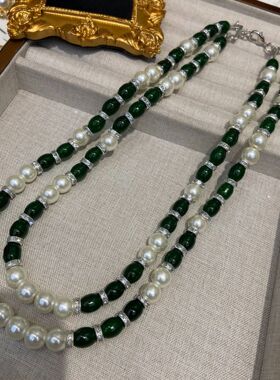 新中式双层绿色琉璃串珠珍珠项链