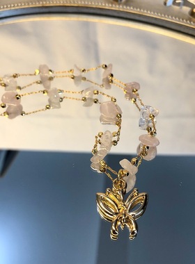 温柔气质复古风天然粉晶石蝴蝶吊