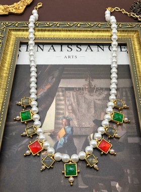 vintage项链复古祖母绿中国红方