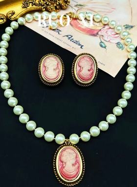 卡梅奥浮雕头像耳环vintage珍珠