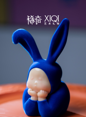 稀奇艺术新品植绒兔比比幽蓝梦雕塑艺术礼品礼物高端桌面摆件