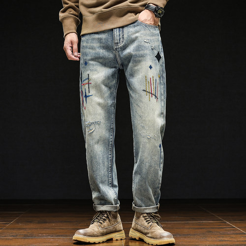 美式重工刺绣小直筒牛仔裤男士高街潮牌宽松休闲潮流百搭长裤春秋 - 图0