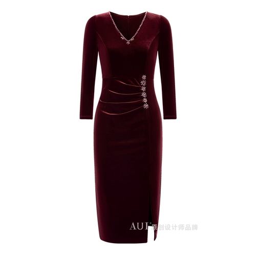 Элитное бордовое осеннее платье, сексуальный приталенный корсет, длинная юбка, V-образный вырез, средней длины