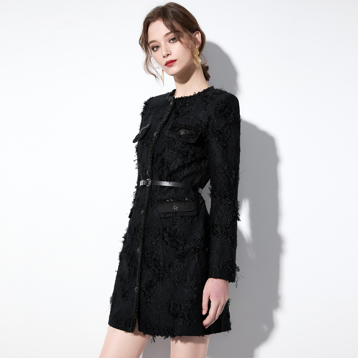 AUI黑色重工小香风外套女2024年秋冬新款设计感高级小众修身大衣
